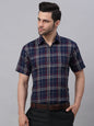Jainish Men's Navy Half Sleeve Checked Formal Shirt