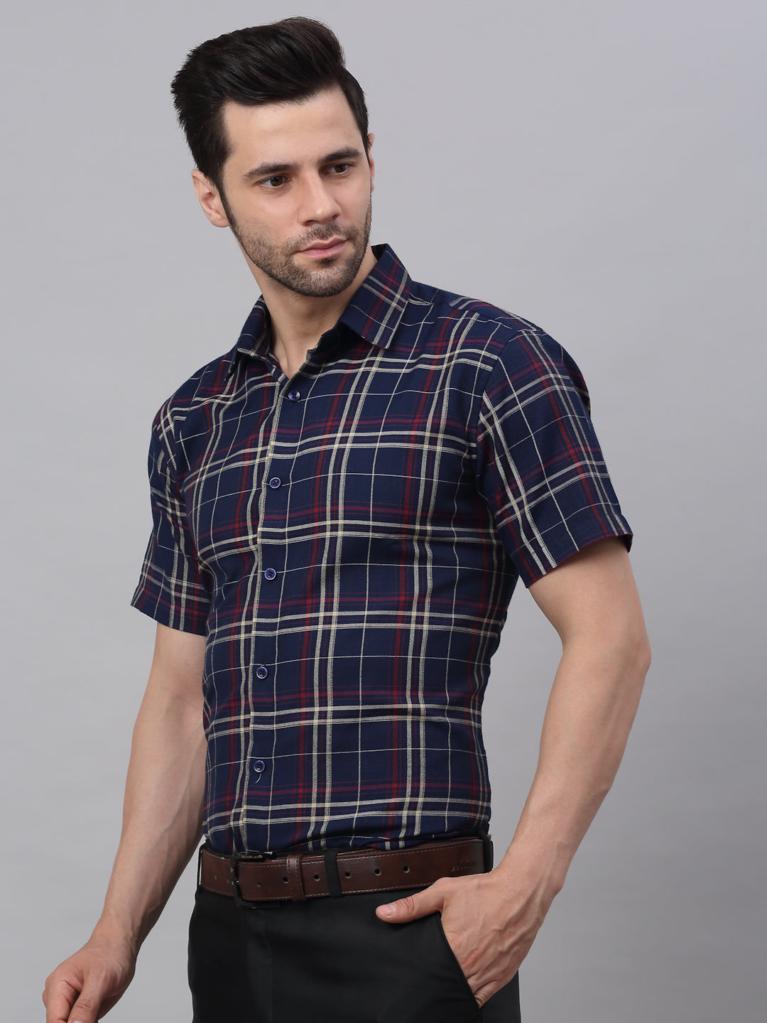 Jainish Men's Navy Half Sleeve Checked Formal Shirt