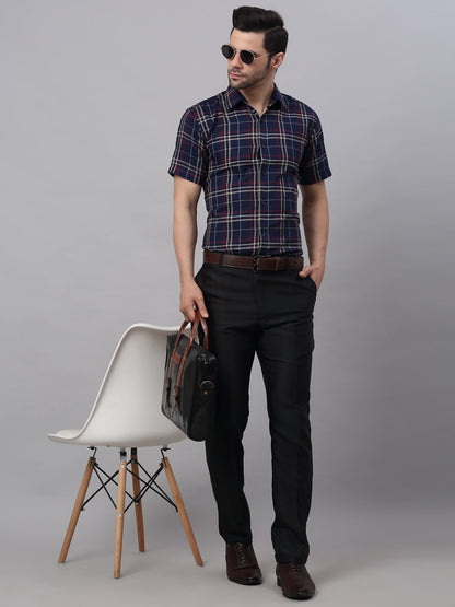 Jainish Men's Navy Half Sleeve Checked Formal Shirt
