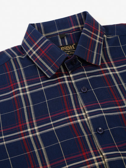Jainish Men's Navy Half Sleeve Checked Formal Shirt