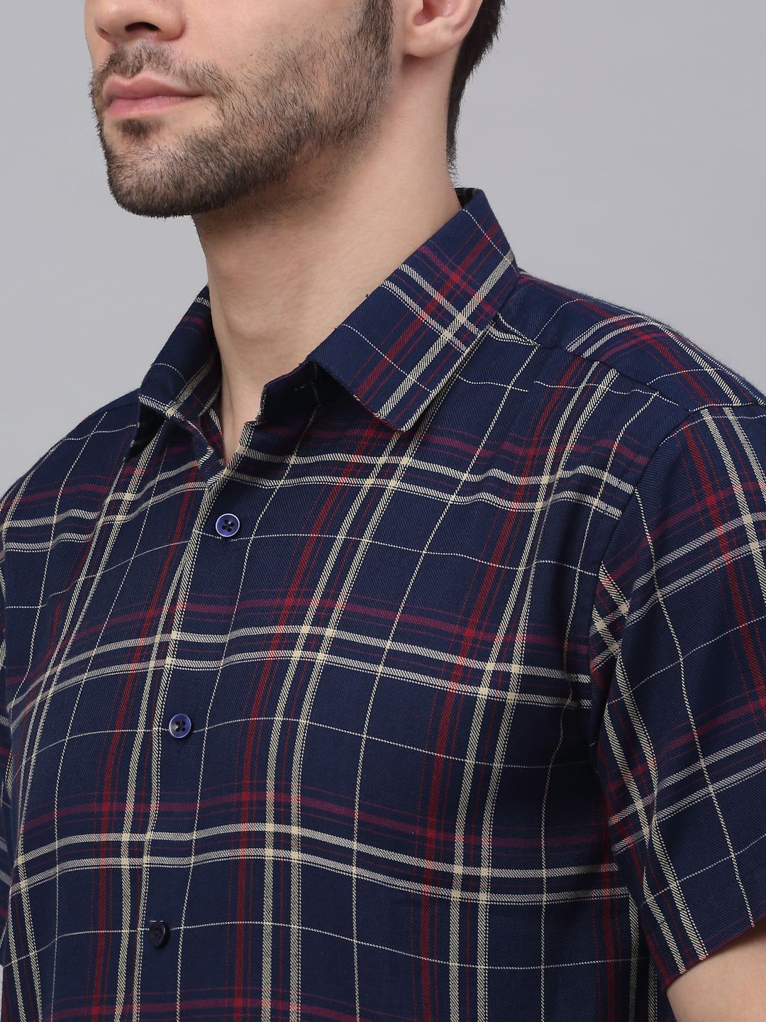 Jainish Men's Navy Half Sleeve Checked Formal Shirt