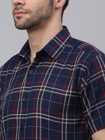 Jainish Men's Navy Half Sleeve Checked Formal Shirt