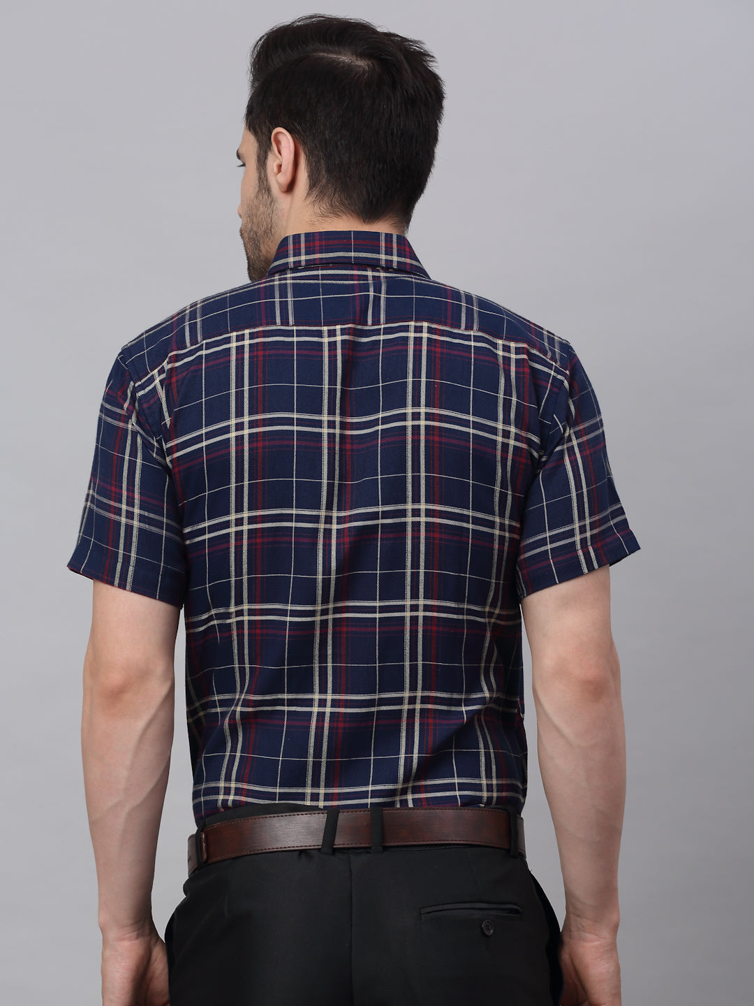 Jainish Men's Navy Half Sleeve Checked Formal Shirt