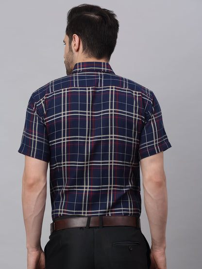 Jainish Men's Navy Half Sleeve Checked Formal Shirt