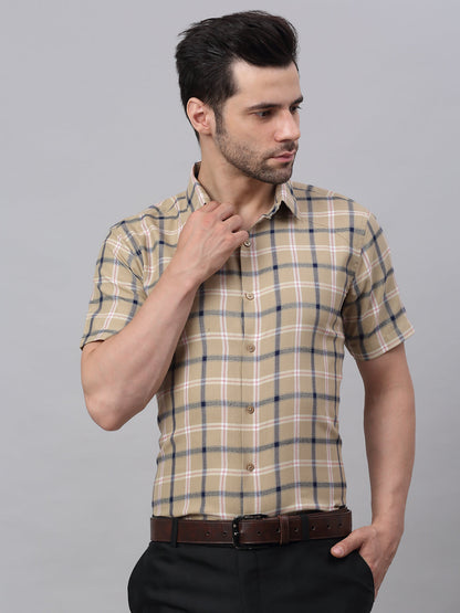 Jainish Men's Beige Half Sleeve Checked Formal Shirt