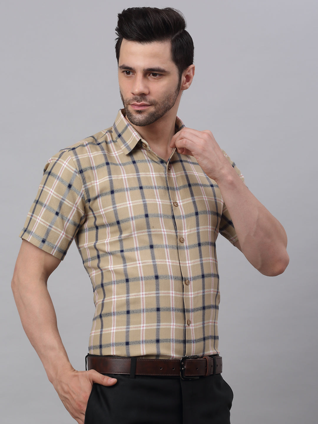 Jainish Men's Beige Half Sleeve Checked Formal Shirt