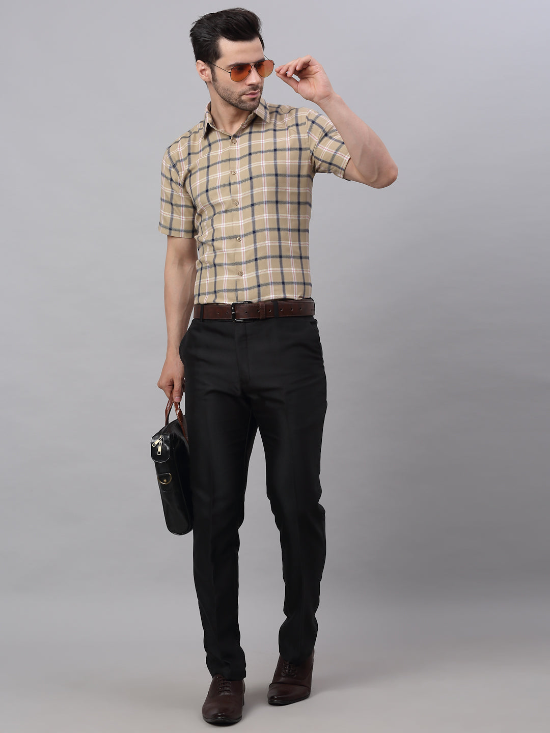 Jainish Men's Beige Half Sleeve Checked Formal Shirt