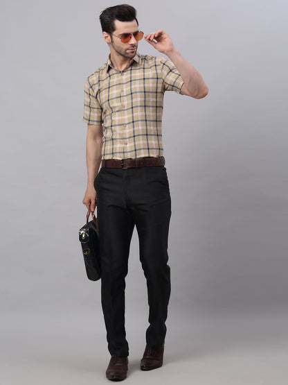 Jainish Men's Beige Half Sleeve Checked Formal Shirt