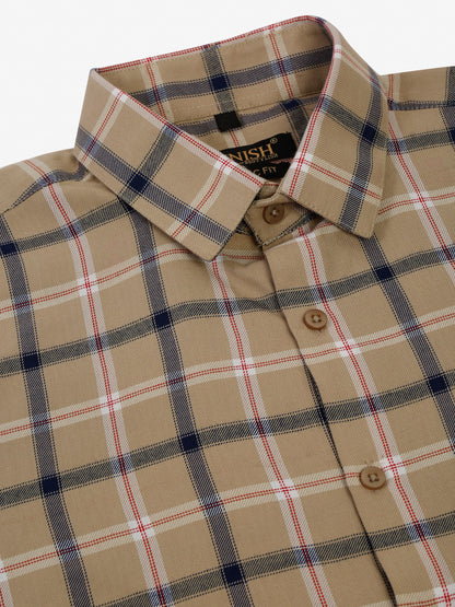 Jainish Men's Beige Half Sleeve Checked Formal Shirt