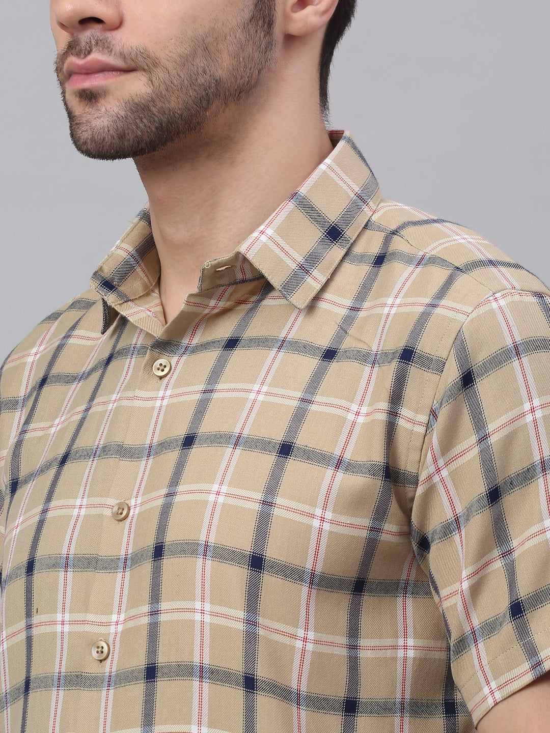 Jainish Men's Beige Half Sleeve Checked Formal Shirt