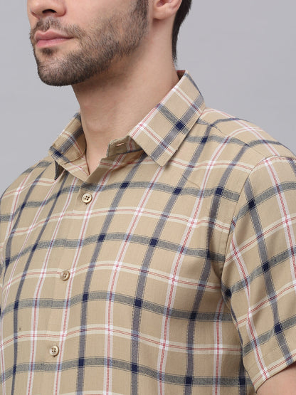 Jainish Men's Beige Half Sleeve Checked Formal Shirt