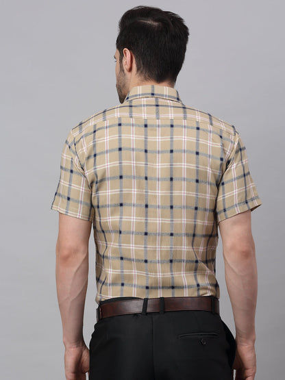 Jainish Men's Beige Half Sleeve Checked Formal Shirt