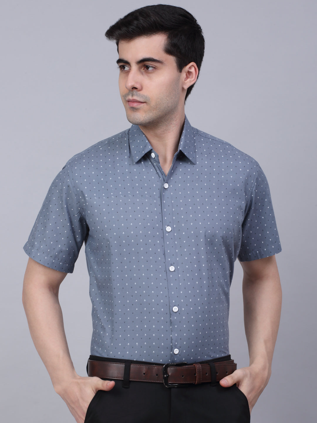 Jainish Men's Cotton Half Sleeve Printed Formal Shirts - Grey