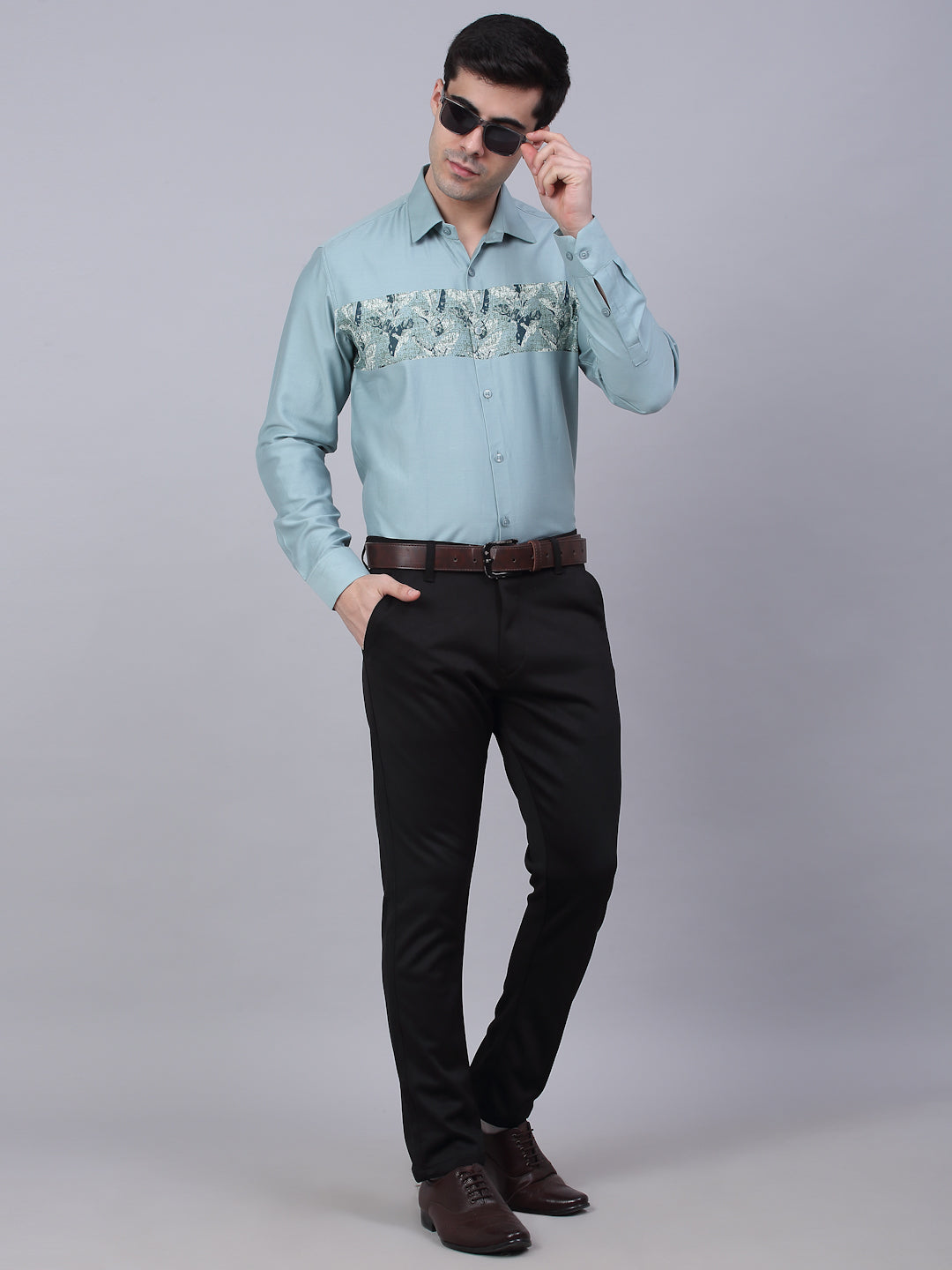 Jainish Men's Cotton Lycra Printed Formal Shirts - Pista