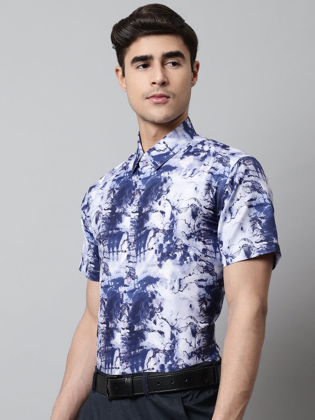 Jainish Men's Blue Classic Printed Formal Shirt