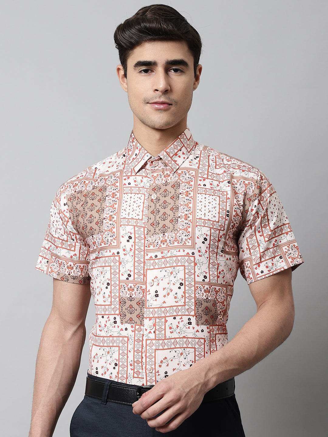 Jainish Men's Peach Classic Printed Formal Shirt - Peach