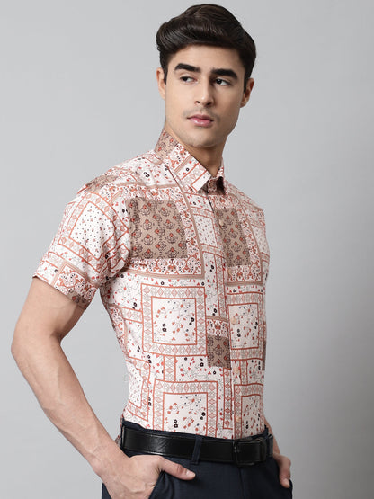 Jainish Men's Peach Classic Printed Formal Shirt - Peach
