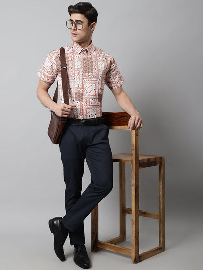 Jainish Men's Peach Classic Printed Formal Shirt - Peach