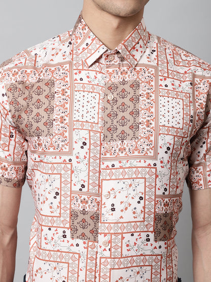 Jainish Men's Peach Classic Printed Formal Shirt - Peach