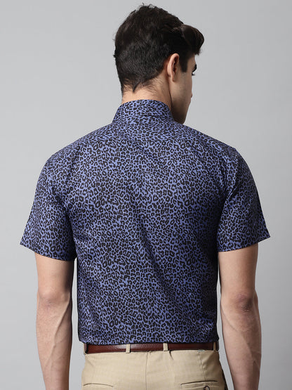 Jainish Men's Navy Blue Classic Printed Formal Shirt