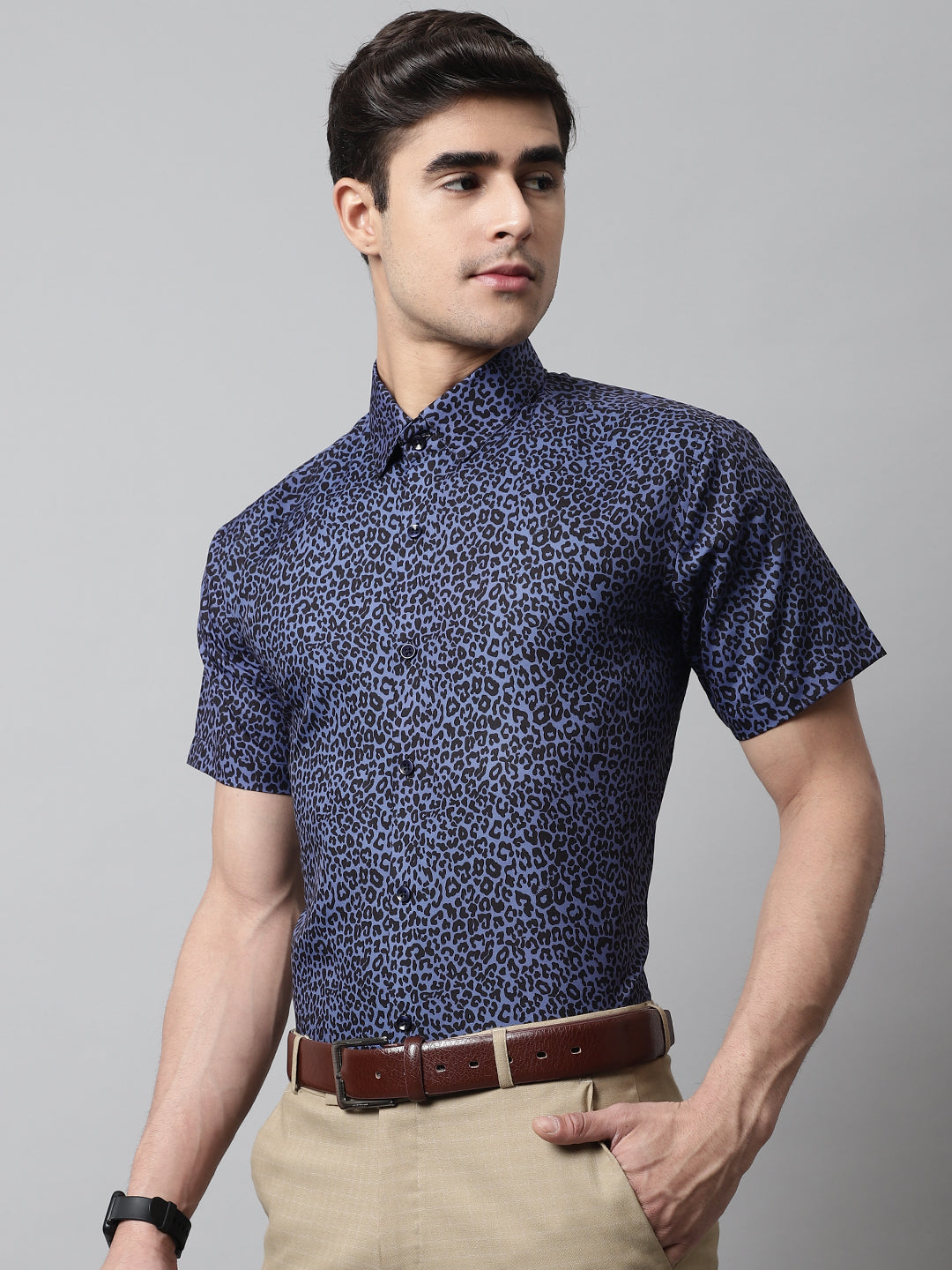 Jainish Men's Navy Blue Classic Printed Formal Shirt