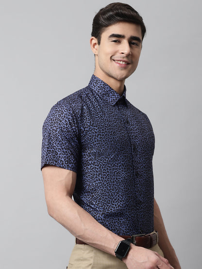 Jainish Men's Navy Blue Classic Printed Formal Shirt
