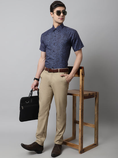 Jainish Men's Navy Blue Classic Printed Formal Shirt
