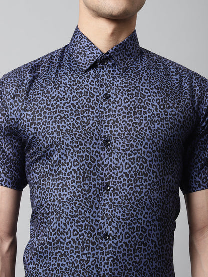 Jainish Men's Navy Blue Classic Printed Formal Shirt