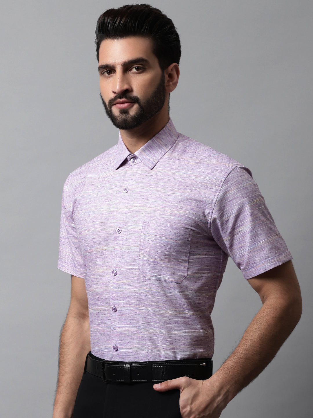 Jainish Men's Purple Woven Design Short Sleeves Formal Shirt