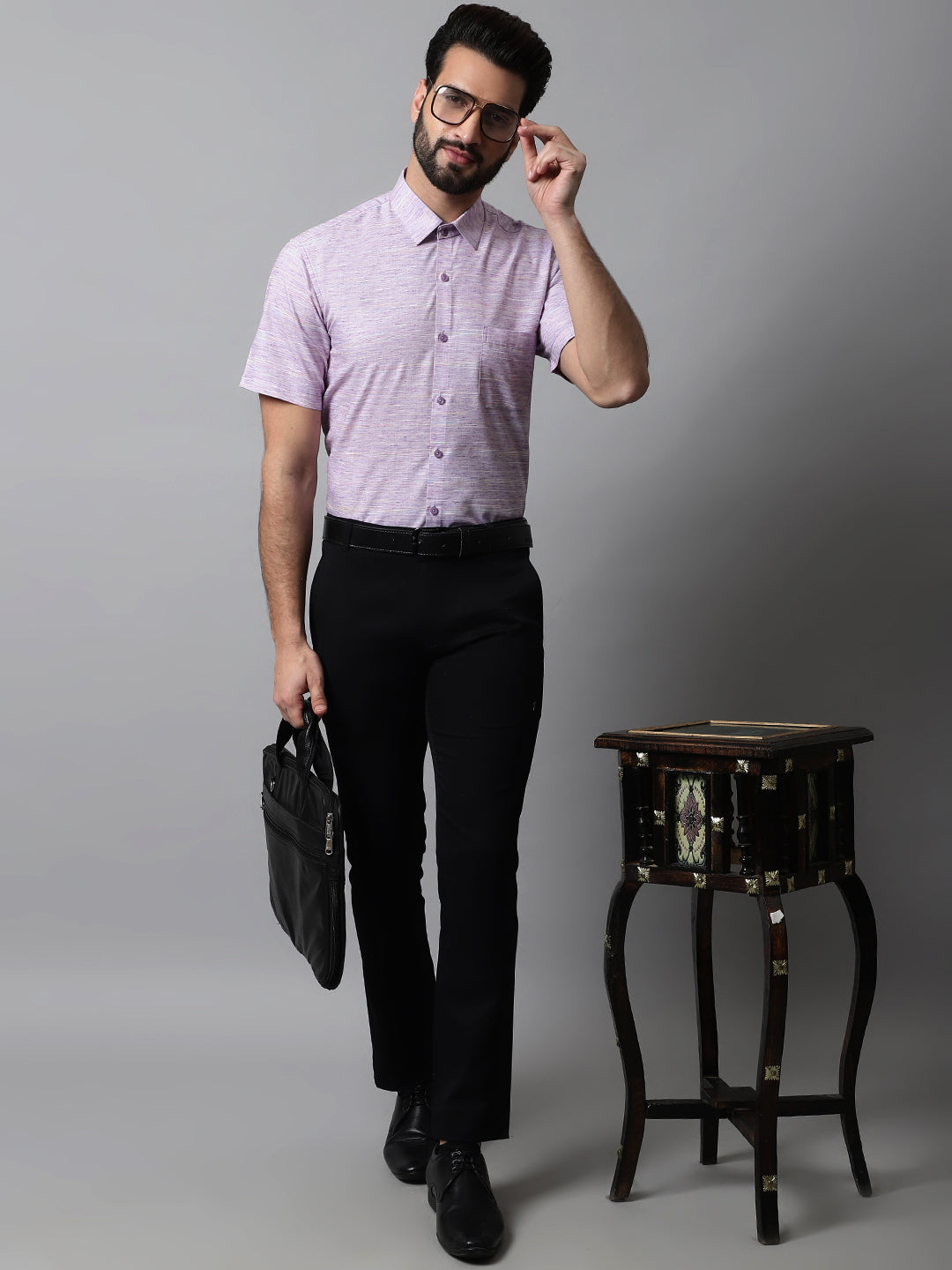 Jainish Men's Purple Woven Design Short Sleeves Formal Shirt