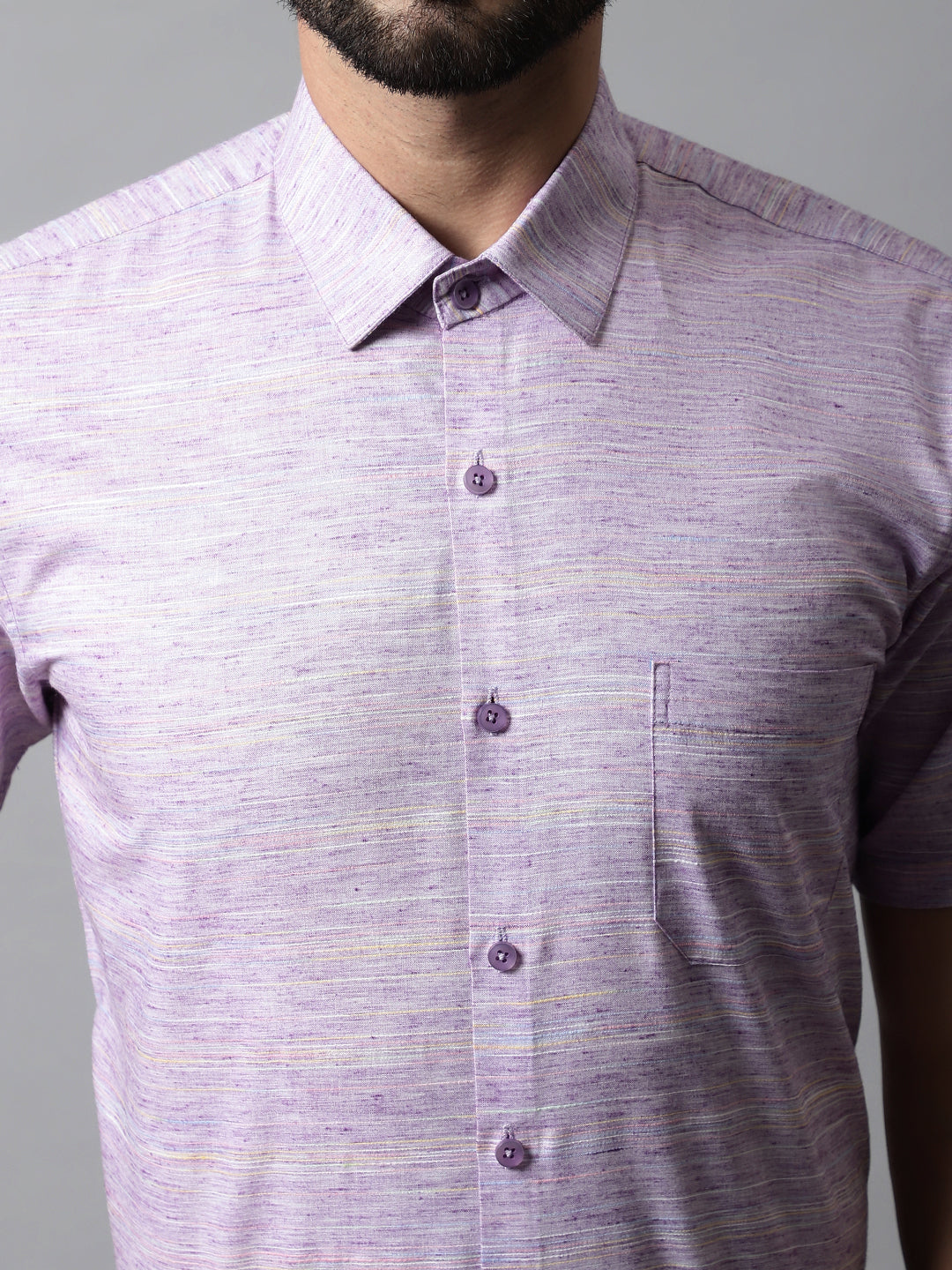 Jainish Men's Purple Woven Design Short Sleeves Formal Shirt