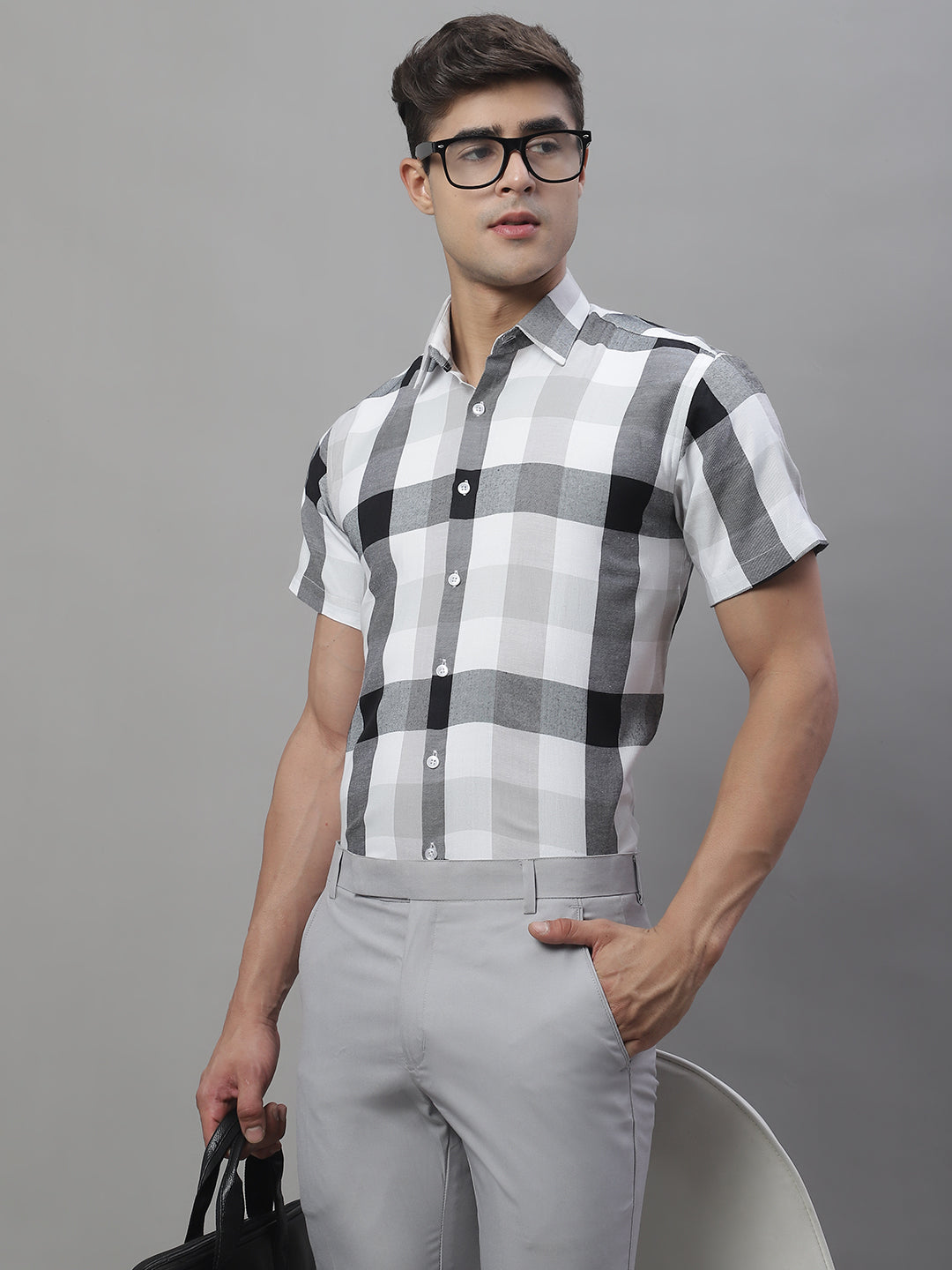 Jainish Men's Pure Cotton Checked Formal Shirts - Black
