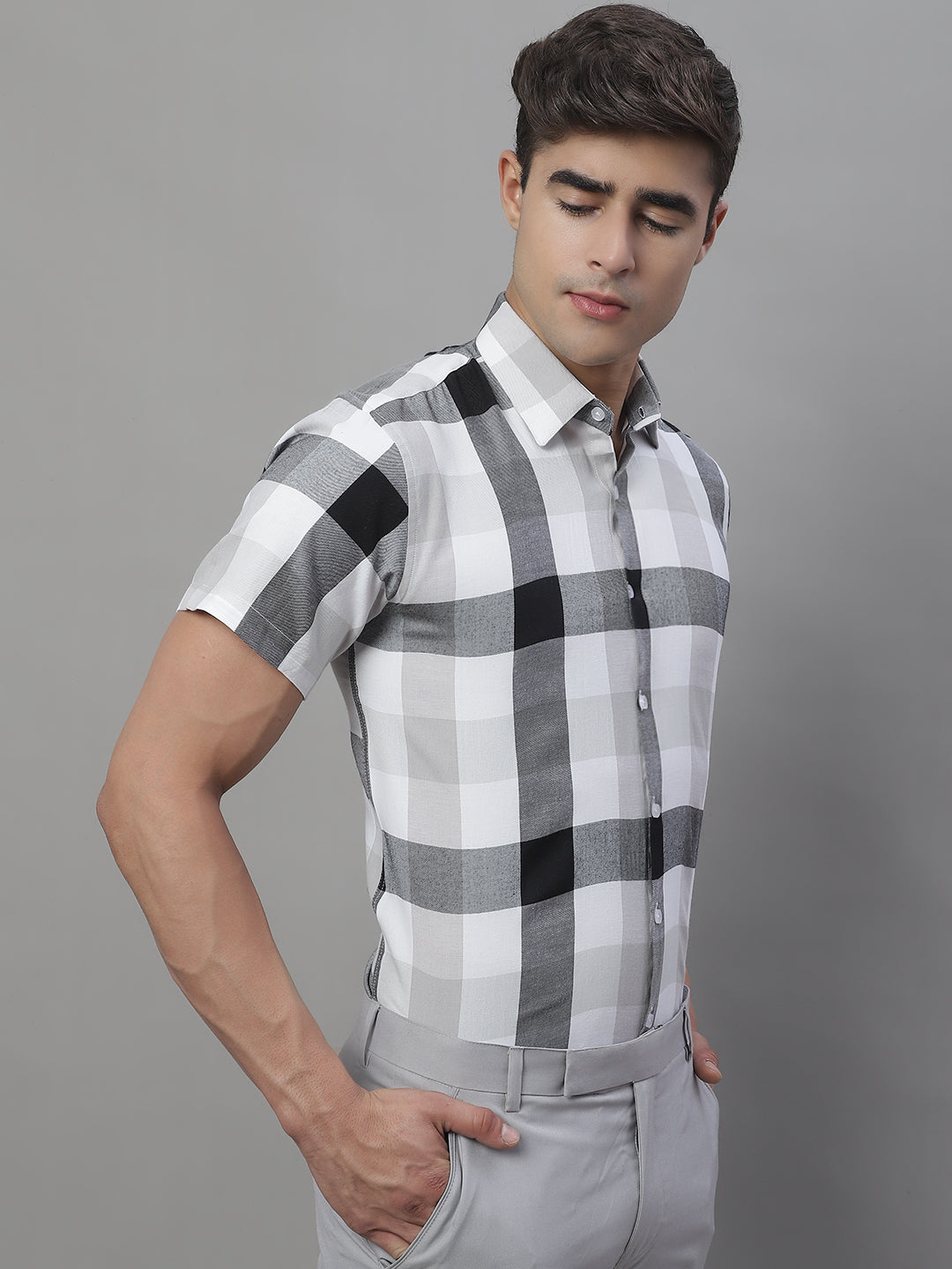 Jainish Men's Pure Cotton Checked Formal Shirts - Black