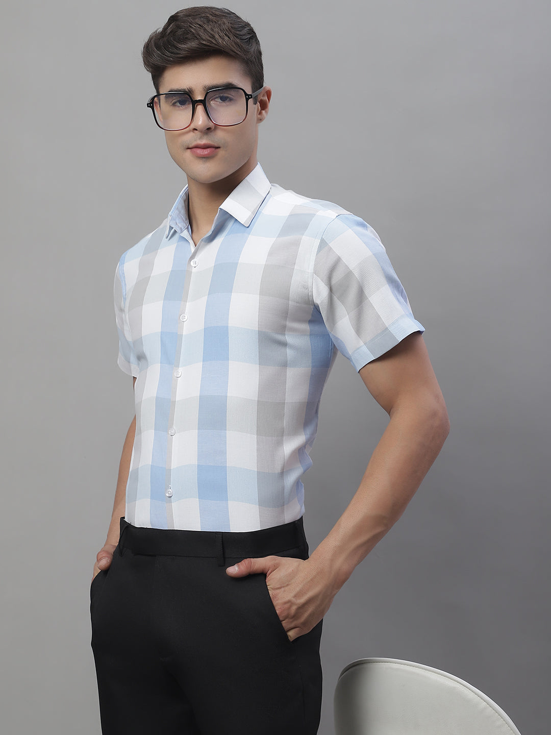 Jainish Men's Pure Cotton Checked Formal Shirts - Blue