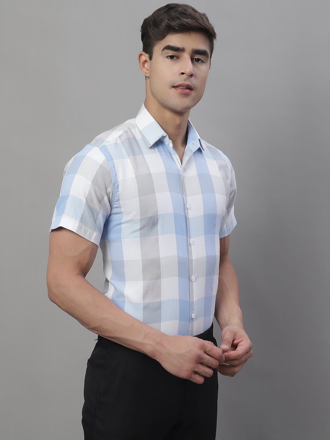 Jainish Men's Pure Cotton Checked Formal Shirts - Blue