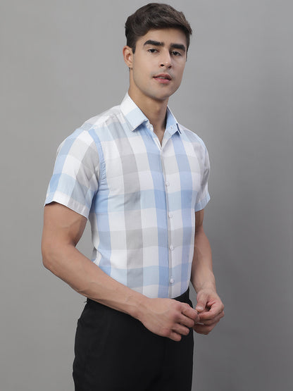 Jainish Men's Pure Cotton Checked Formal Shirts - Blue