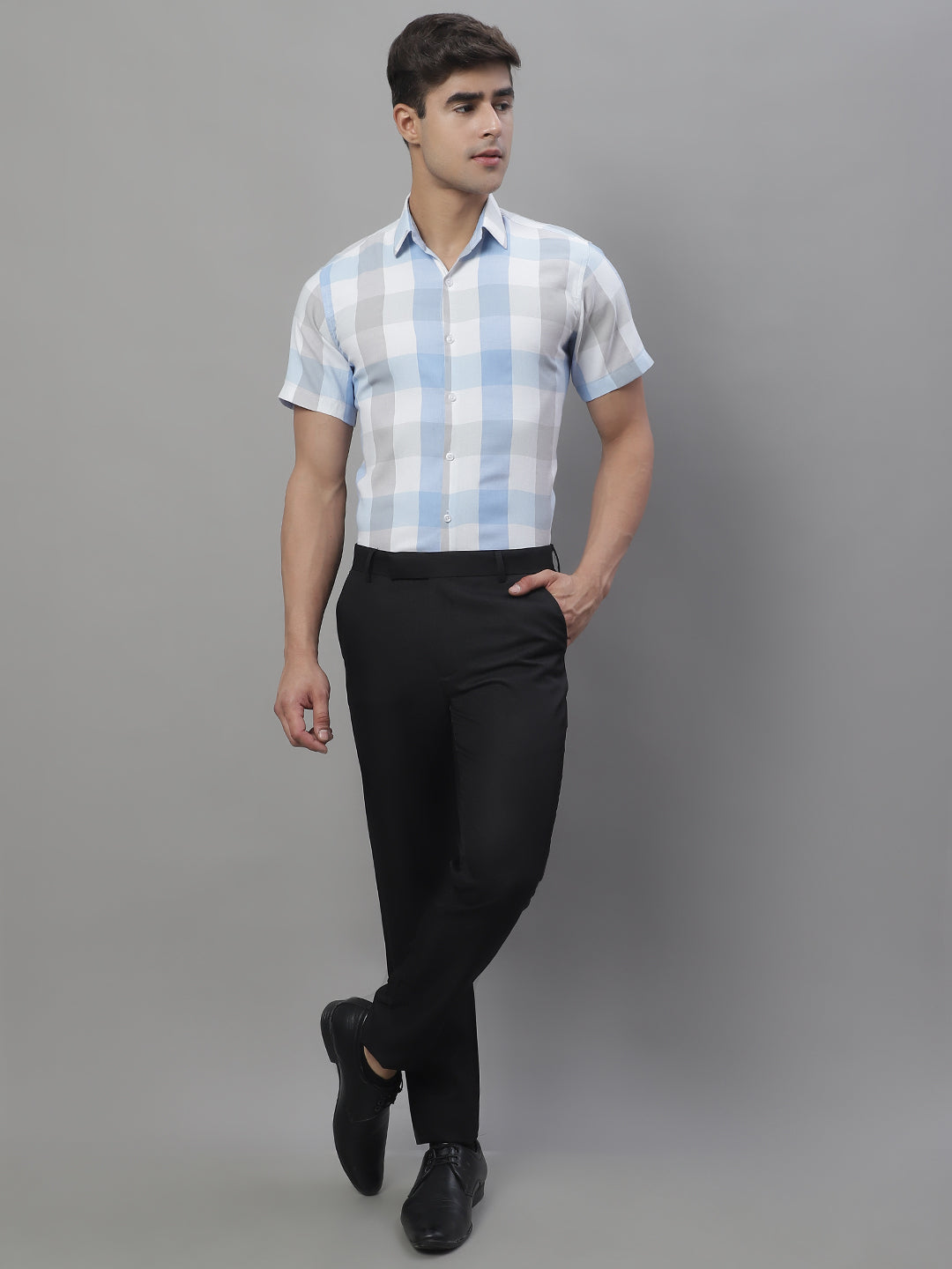 Jainish Men's Pure Cotton Checked Formal Shirts - Blue