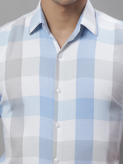 Jainish Men's Pure Cotton Checked Formal Shirts - Blue