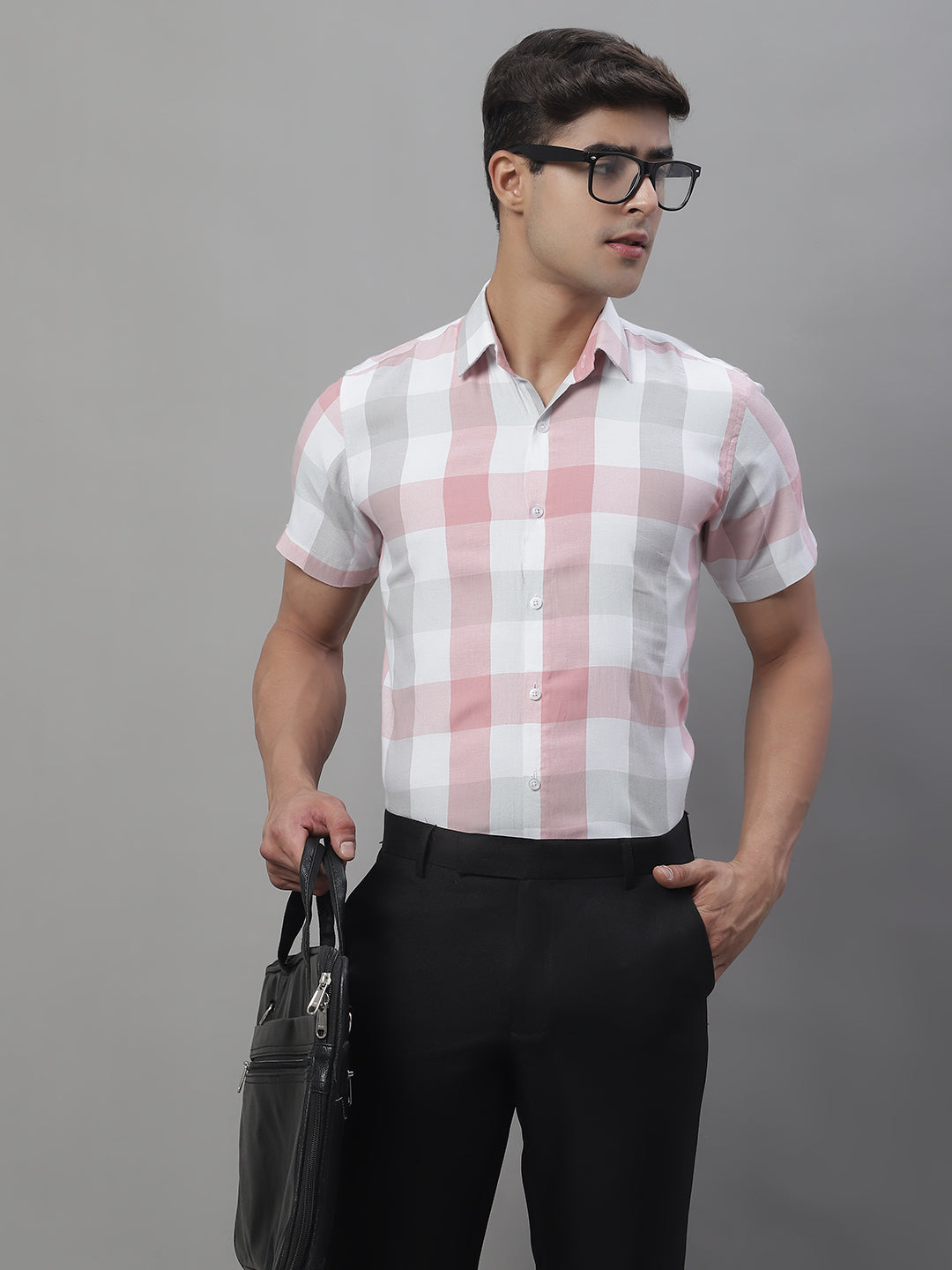 Jainish Men's Pure Cotton Checked Formal Shirts - Pink