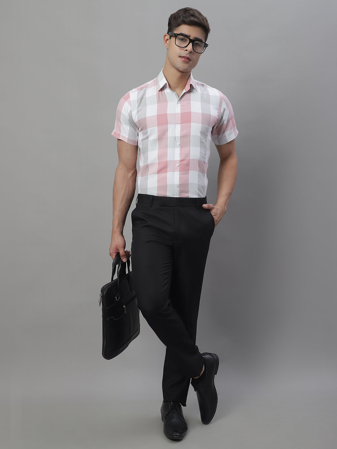 Jainish Men's Pure Cotton Checked Formal Shirts - Pink