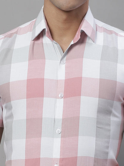 Jainish Men's Pure Cotton Checked Formal Shirts - Pink