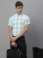 Jainish Men's Pure Cotton Checked Formal Shirts - Sky Blue