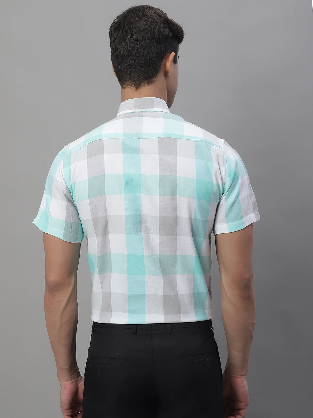 Jainish Men's Pure Cotton Checked Formal Shirts - Sky Blue