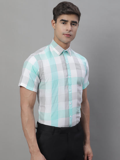 Jainish Men's Pure Cotton Checked Formal Shirts - Sky Blue