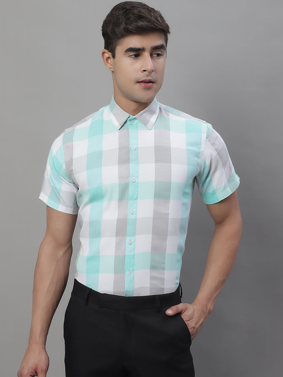 Jainish Men's Pure Cotton Checked Formal Shirts - Sky Blue