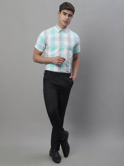 Jainish Men's Pure Cotton Checked Formal Shirts - Sky Blue