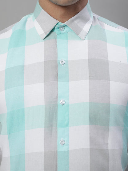 Jainish Men's Pure Cotton Checked Formal Shirts - Sky Blue