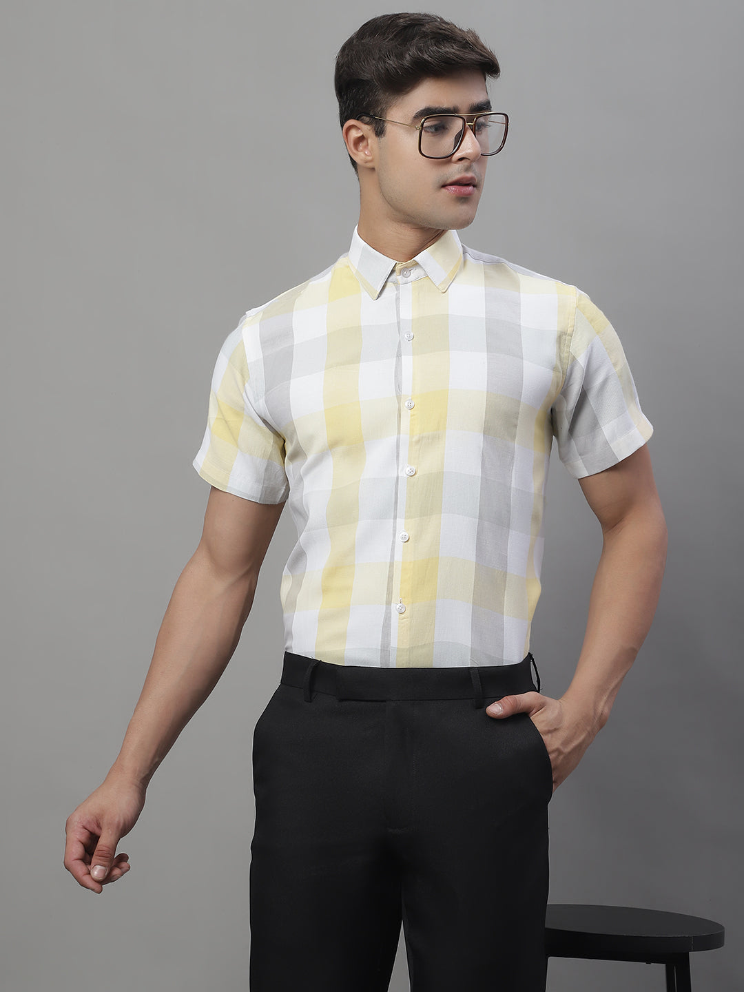 Jainish Men's Pure Cotton Checked Formal Shirts - Yellow