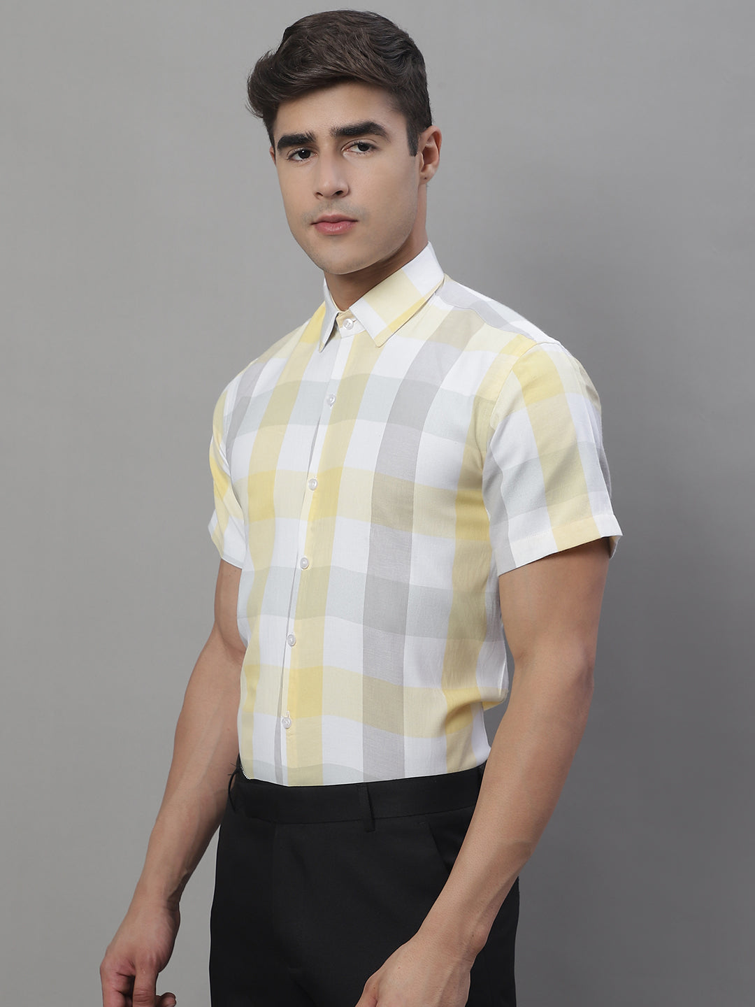 Jainish Men's Pure Cotton Checked Formal Shirts - Yellow