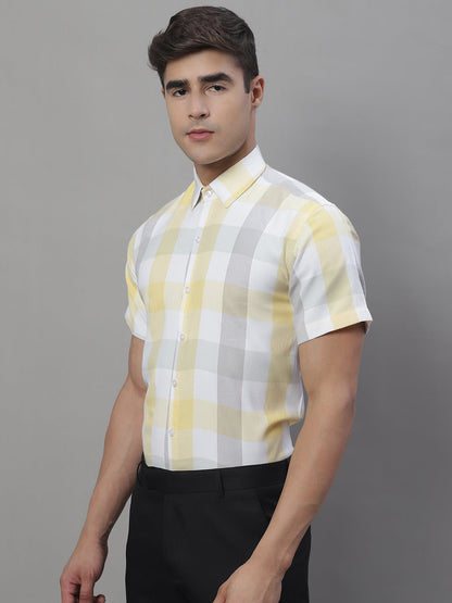 Jainish Men's Pure Cotton Checked Formal Shirts - Yellow
